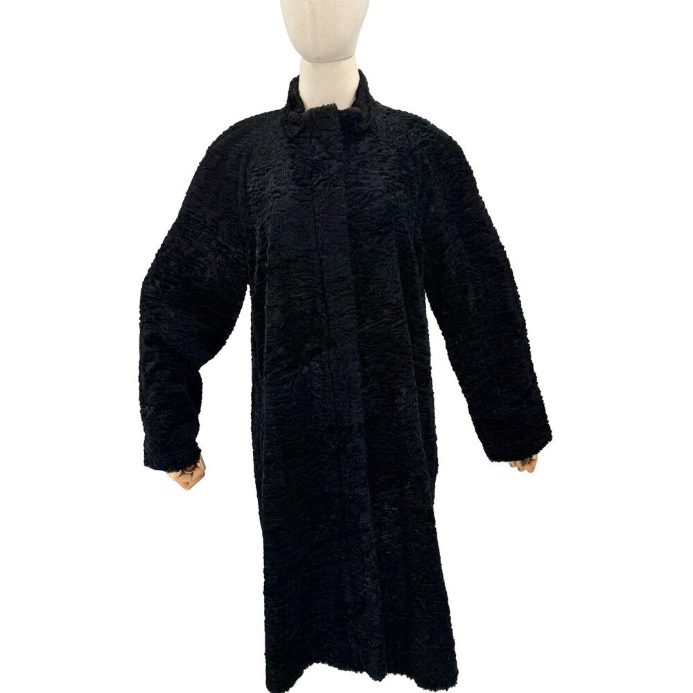 Vintage 90s Utex Design Black Faux Persian Lamb Fur Coat